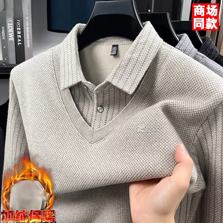 【雪貂假两件】男士针织衫冬季加绒加厚衬衫领毛衣休闲高端打底上衣
