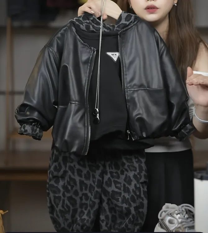 儿童秋冬三件套2025时尚豹纹男童女童洋气连帽卫衣夹克休闲运动潮
