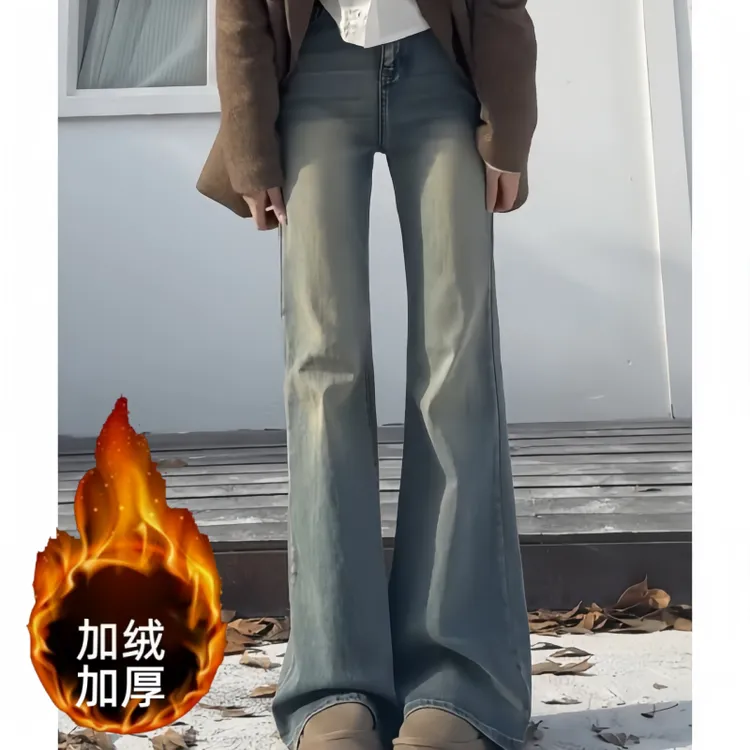 韩系微喇加绒加厚休闲裤女冬季高腰时尚气质风胖mm遮肉显瘦牛仔裤
