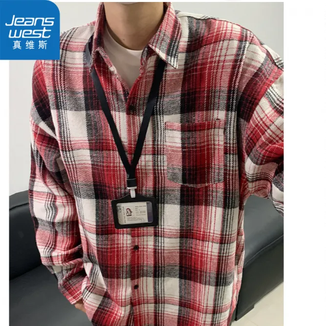 真维斯青少年格子衬衫男秋季高级感痞帅长袖衬衣宽松百搭情侣外套