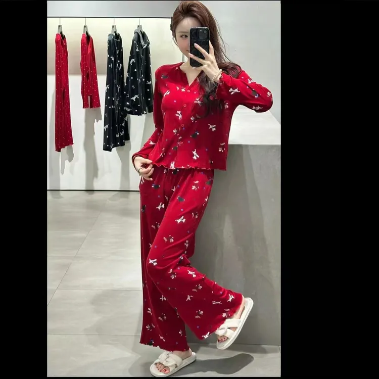 带胸垫腊肠狗秋冬长袖春秋长裤睡衣碎花舒适宽松秋季家居服套装