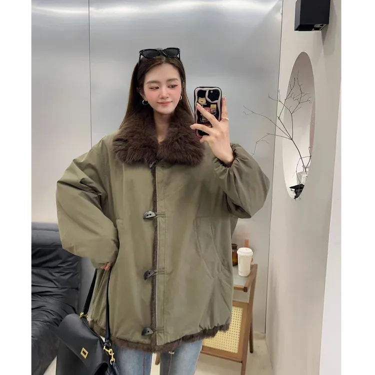 冬季新款牛角扣毛毛两面穿皮毛一体外套显瘦气质派克服上衣1148