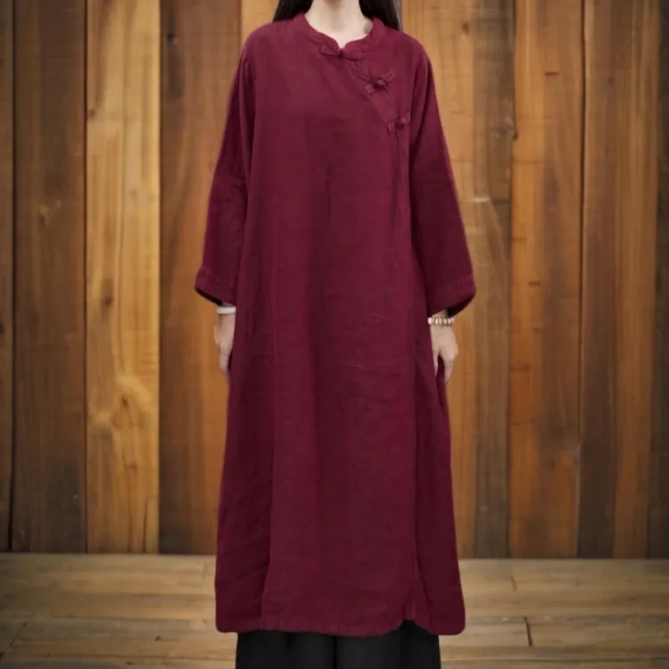 【原制原味】6318做旧炒色亚麻套头中式斜襟禅意宽松文艺新中式袍子