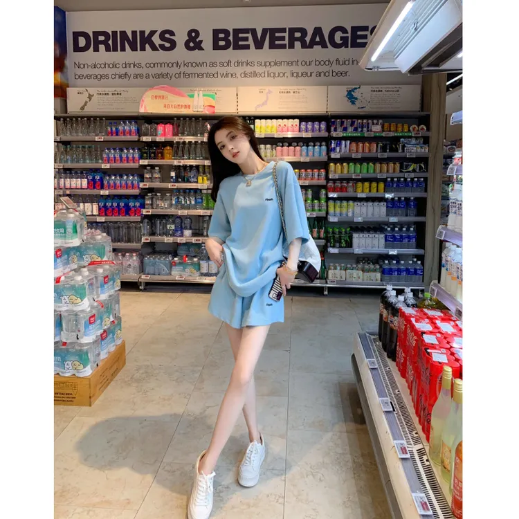 夏季洋气休闲装运动套装女短裤两件套刺绣短袖蓝色时尚百搭减龄