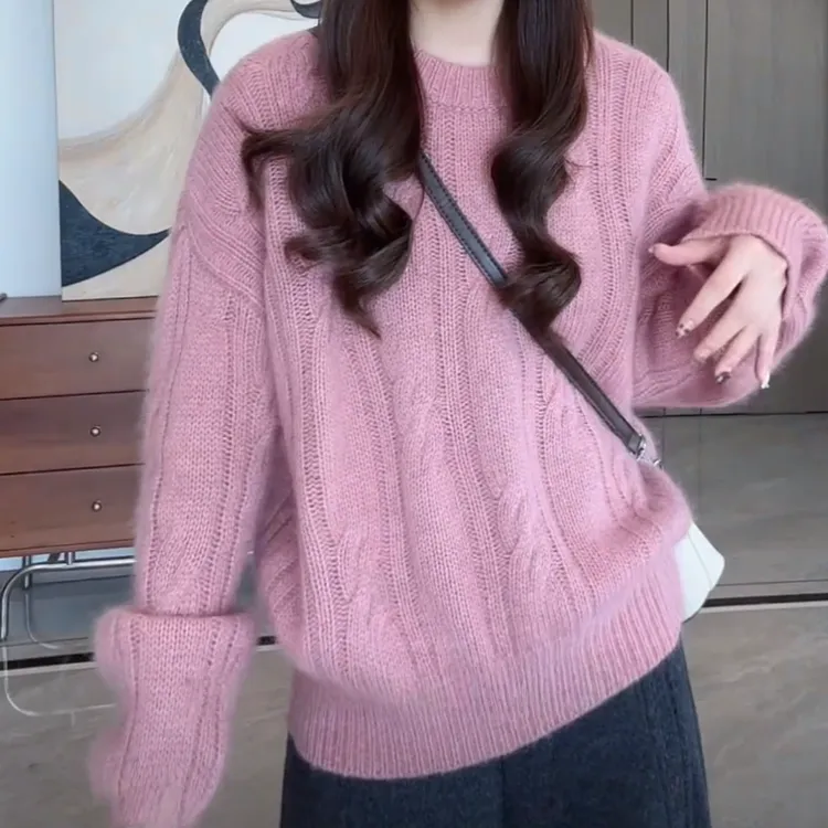 法式温柔系超好看套头粉色麻花毛衣女冬季新款气质宽松休闲针织衫
