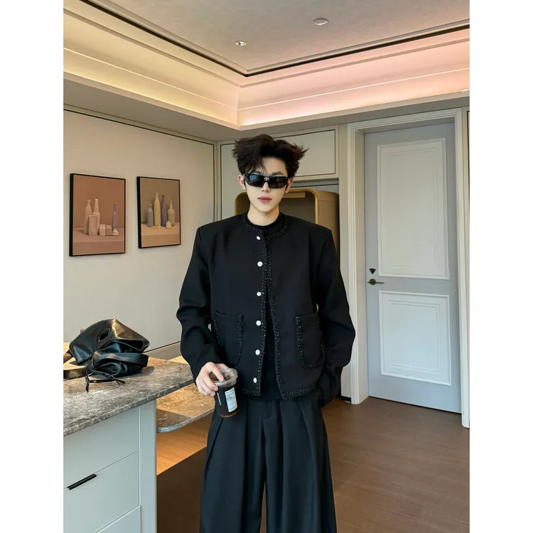 YOUNG韩版高级感流苏亮片设计夹克男轻奢宽松小香风外套（0063）