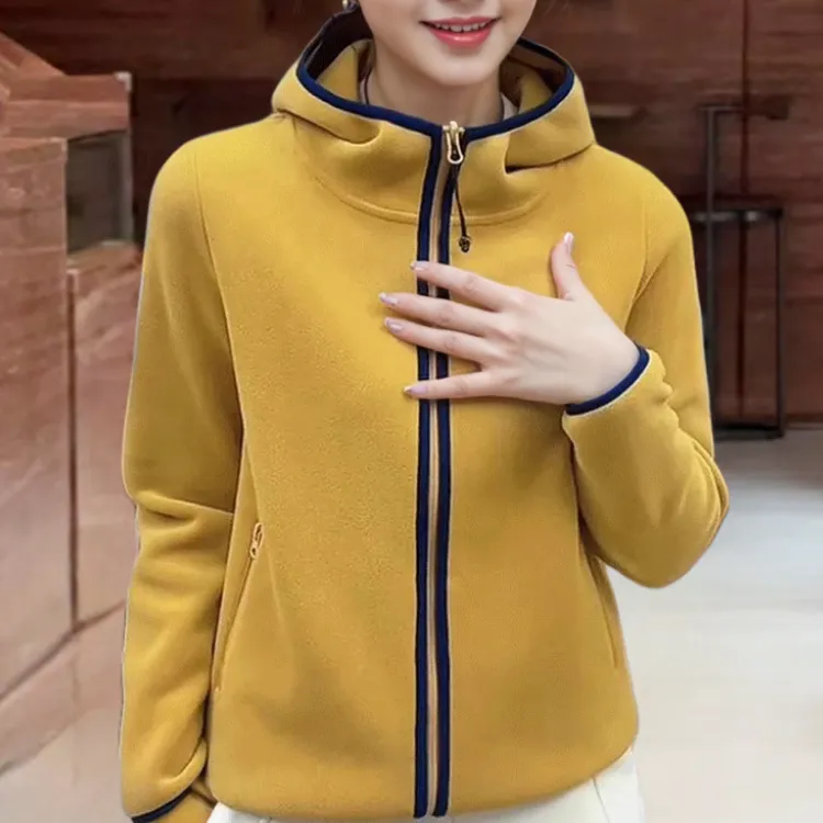 欧货设计撞色拉链开衫连帽加厚双面摇粒绒卫衣外套女秋冬防风保暖