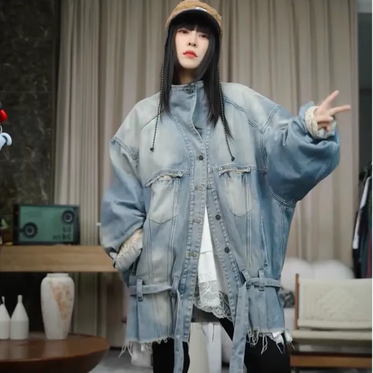 infobyfive秋冬废土风带腰带蝙蝠袖水洗牛仔外套四店NF0509245