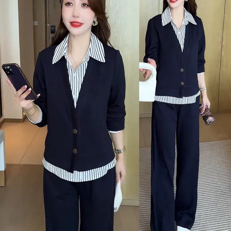 时尚休闲套装女2025秋季新款洋气小众假两件衬衫上衣阔腿裤两件套