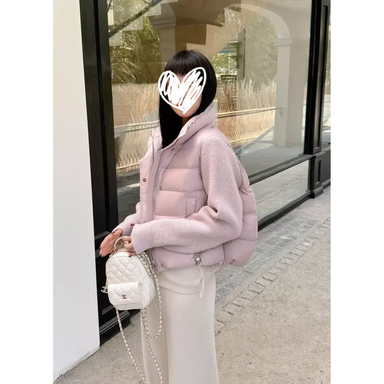简约韩版立领棉服短外套百搭新款针织拼接宽松长袖上衣女冬01106