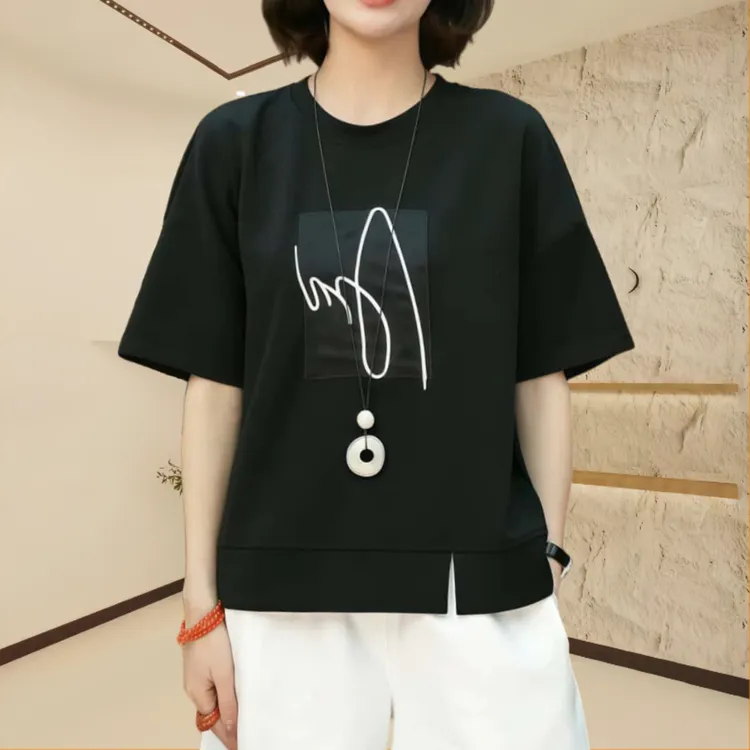 夏季宽松圆领印花短袖T恤女2025休闲百搭薄款透气柔软弹性上