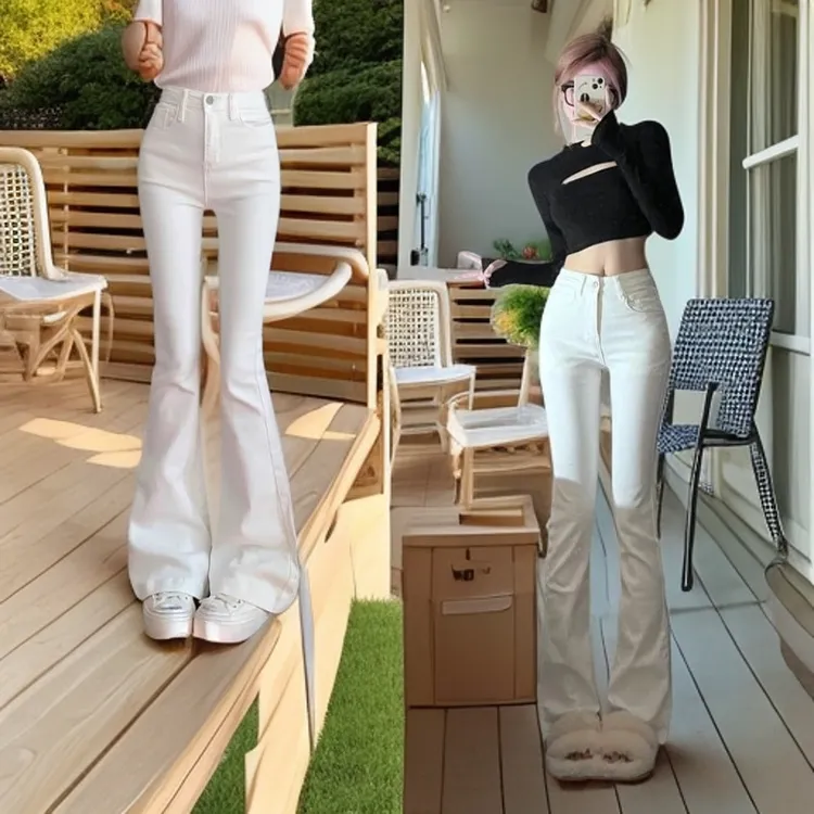 小个子辣妹白色微喇叭牛仔裤女装夏装高腰弹力显瘦微喇裤子直筒