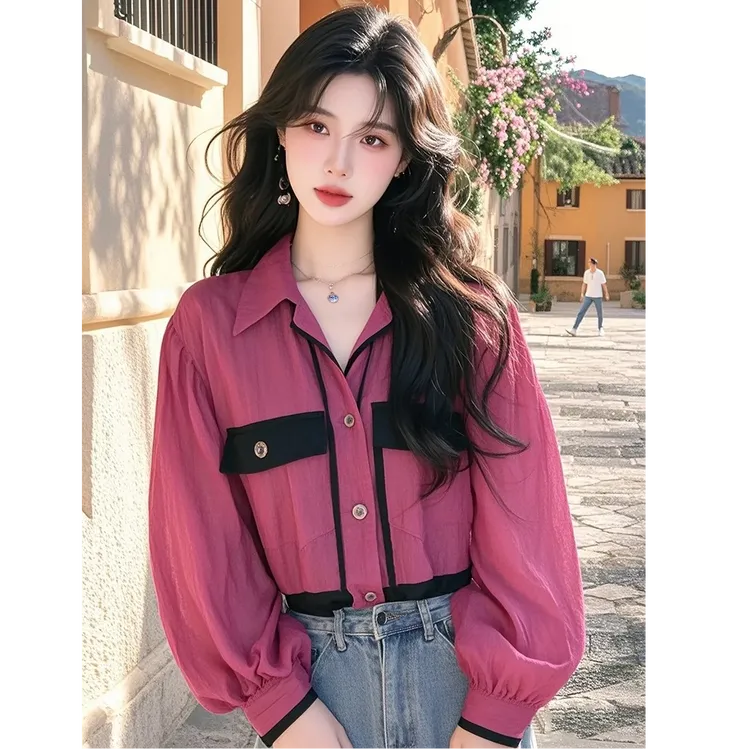 玫粉色撞色长袖衬衫春季设计感酷飒拽姐小众独特别致气质短款上衣