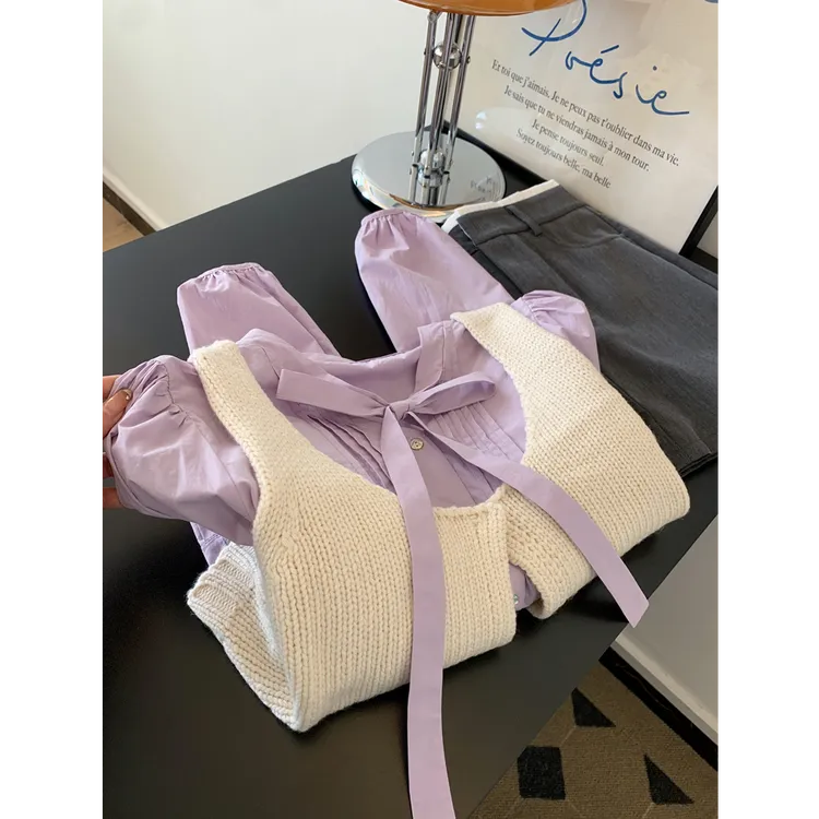 法式小众蝴蝶结两件套新款长袖紫色衬衫叠穿马甲女衬衣高级感上衣