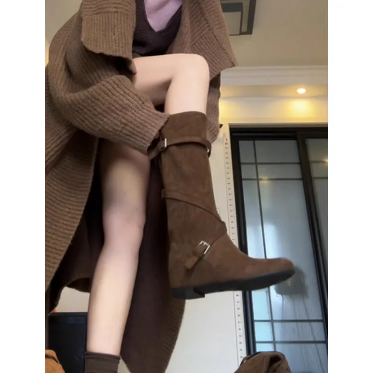 现货~复古圆头内增高5cm皮带扣西部靴韩版气质显瘦长筒堆堆靴子女