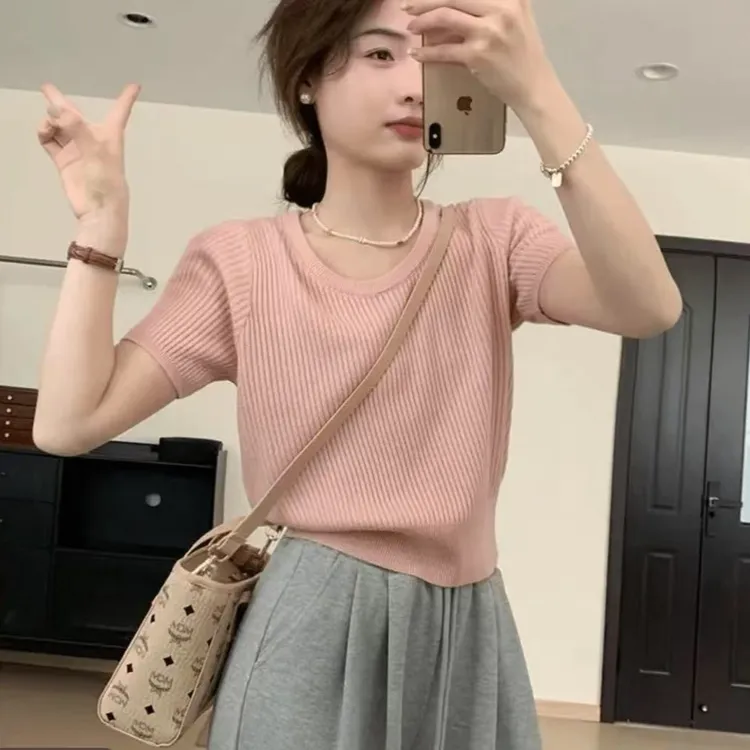 正肩薄款针织短袖显瘦夏季宽松高级感小个子时尚气质短袖百搭上衣