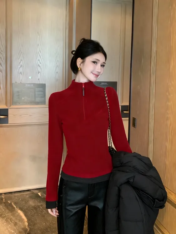 半高领德绒秋冬打底衫女秋冬新款修身显瘦卫衣内搭高级感红色上衣