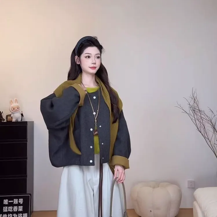 （6-8运贴）韩风披肩款撞色袖口毛呢短外套秋冬慵懒感圆领排扣开衫