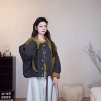 （6-8运贴）韩风披肩款撞色袖口毛呢短外套秋冬慵懒感圆领排扣开衫