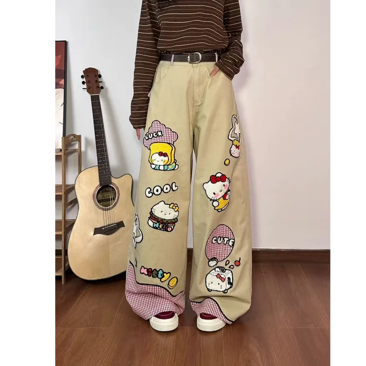 美式复古卡通KT猫咪刺绣拼接休闲裤女秋季款宽松直筒百搭阔腿裤潮
