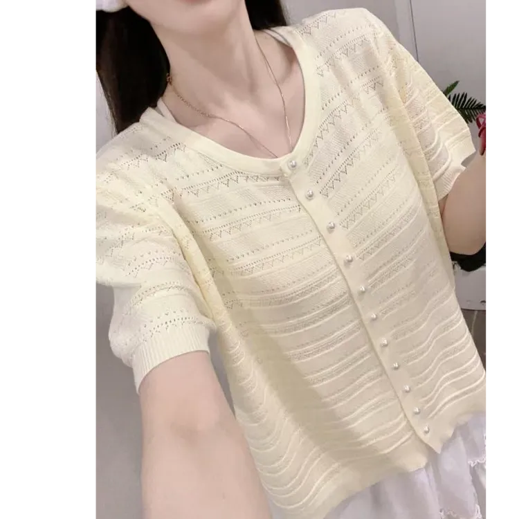 219纯色夏季镂空女短袖薄款毛针织衫开衫圆领毛衣女装