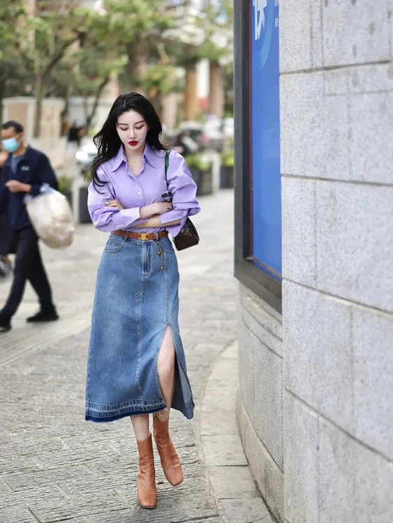 2025春季搭配一整套女高级感紫色衬衫搭配牛仔半身裙子显瘦两件套