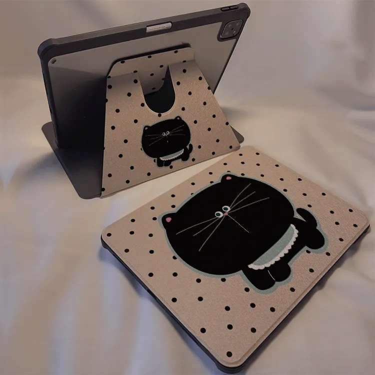 波点黑猫适用于苹果iPad平板壳带笔槽iPad11旋转翻盖iPadAir7保护