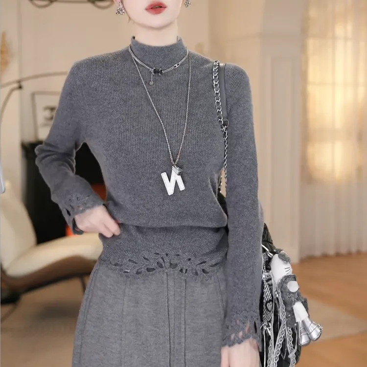 秋冬设计感勾花镂空设计感针织衫打底衫简约百搭上衣女LK2509066