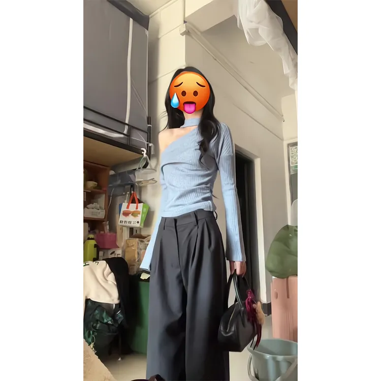 慵懒飘带斜肩纯欲露肩手工褶皱针织T恤上衣西装裤休闲阔腿裤2025
