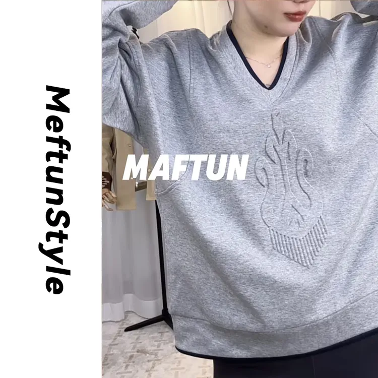 Maftun民族风高温压花V领秋冬休闲百搭打底韩版宽松卫衣长袖内搭