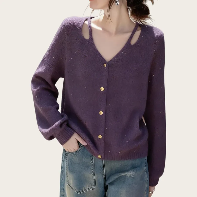 慵懒风紫色V领毛衣女士高级感洋气减龄显瘦亮片镂空针织开衫上衣