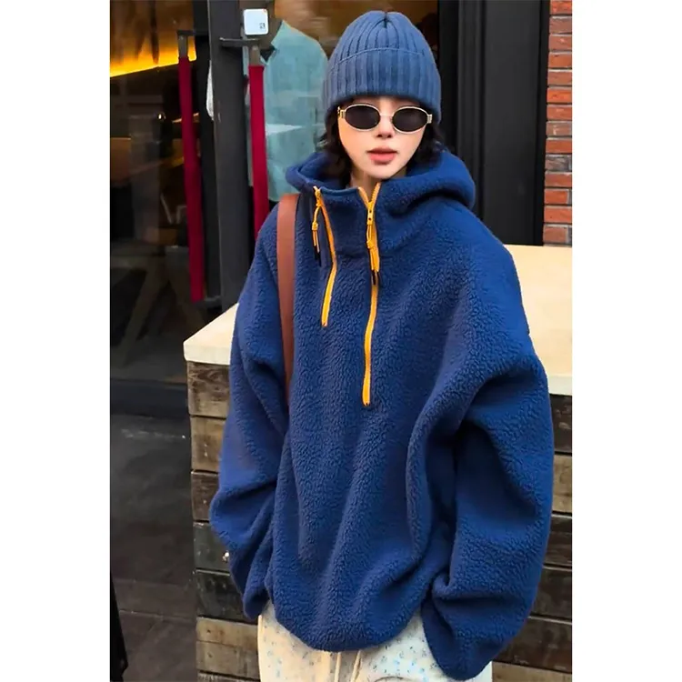 欧货2025秋冬新款时尚宽松遮肉纯色长袖连帽双拉链设计套头卫衣女