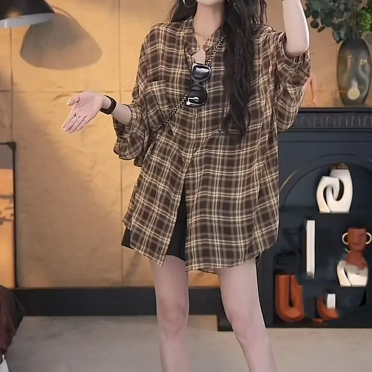 休闲格子衬衫女春夏新款宽松显瘦慵懒防晒衣空调衫开衫薄外搭上衣