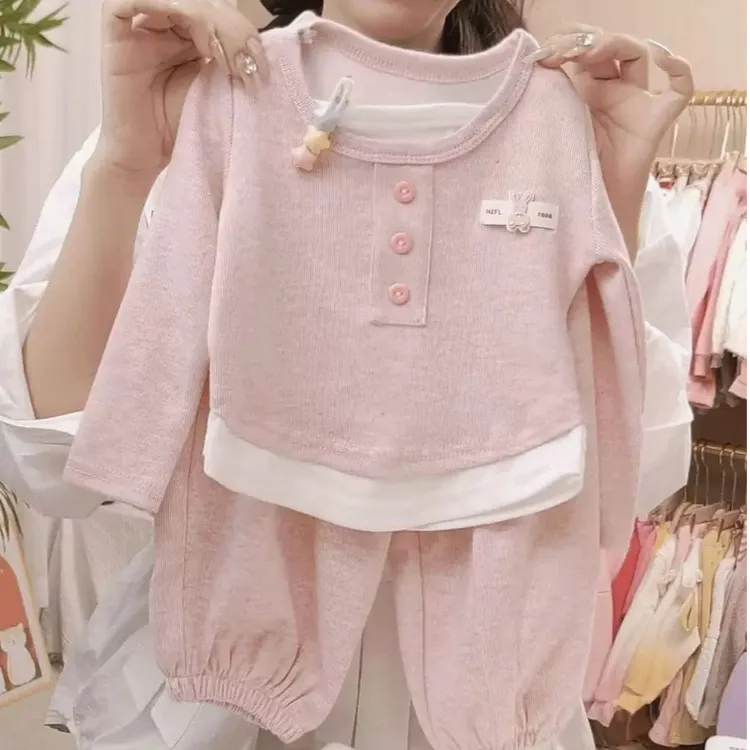 【专柜品质】女童套装秋2025新款秋季时髦假两件儿童糯米绒上衣裤子