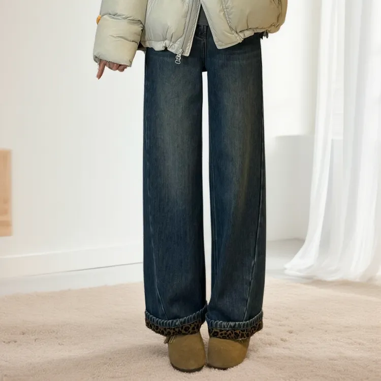 宿慕SUMU时尚加绒牛仔裤女裤设计感阔腿裤2025冬显瘦牛仔裤35090