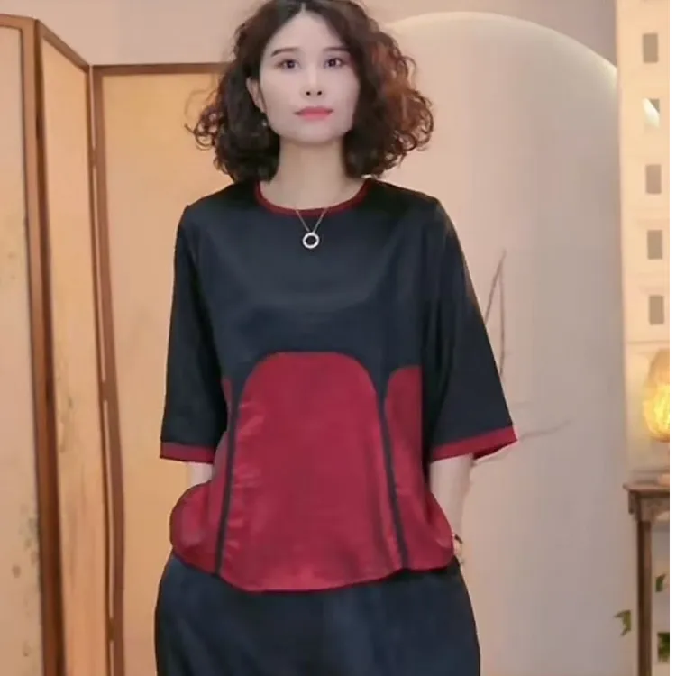 黑紫红双拼衬衫上衣女爆款夏季新款时尚拼接大码