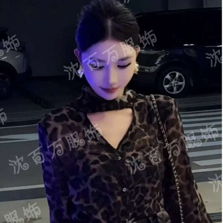 豹纹长袖衬衫女夏季宽松领中长款小众衬衣气质外穿百搭【不含腰带】
