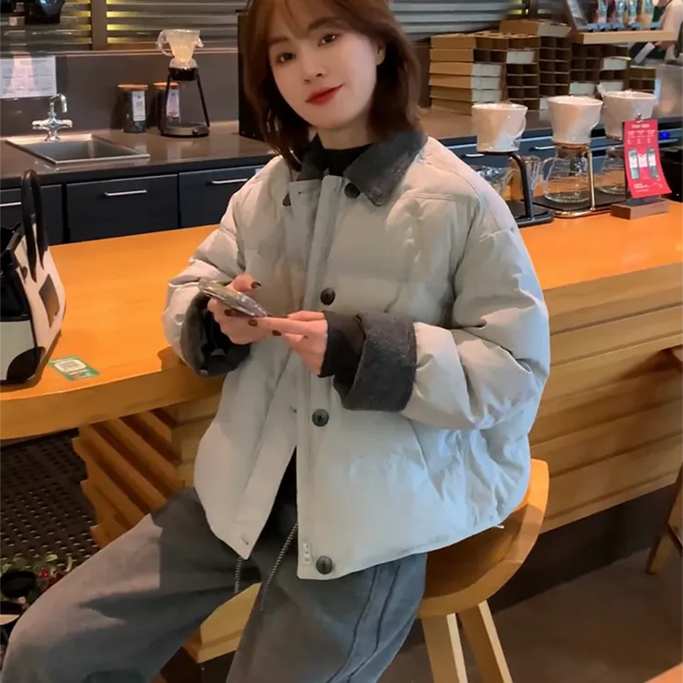 2025冬季新款韩系撞色拼接毛呢时尚感羽绒服女白鸭绒保暖宽松外套