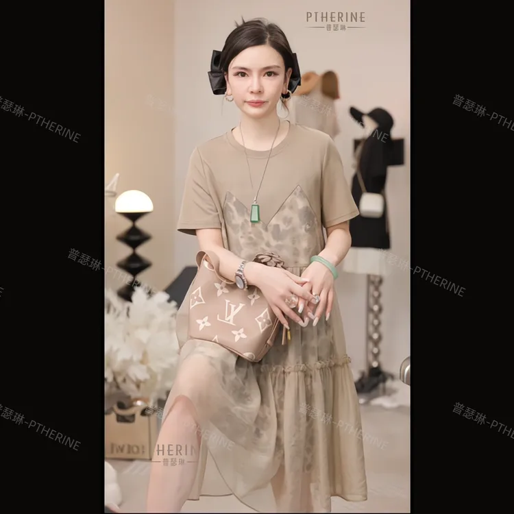 【普瑟琳设计师品牌】夏季清凉豹纹网纱拼接百搭显瘦连衣裙 19013 C