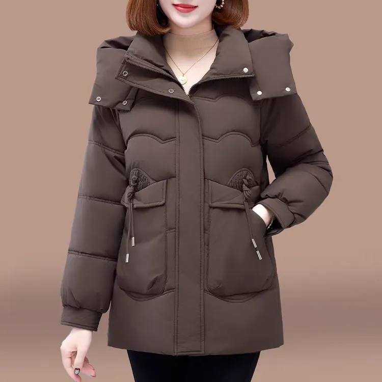 啄木鸟女士棉服2025新款可拆连帽中长款加厚保暖中式棉衣外套妈妈