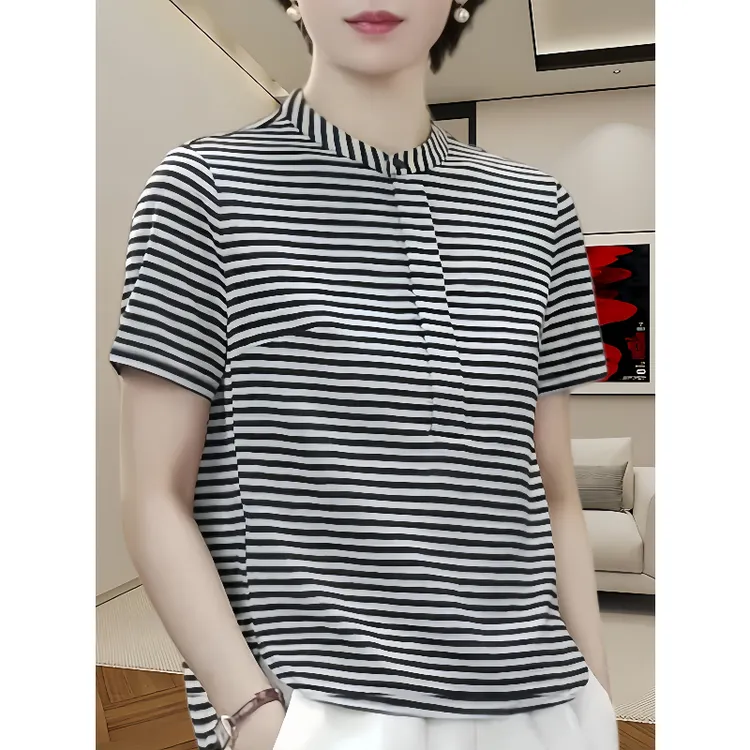 气质优雅风时尚圆领短袖t恤衫女2025春夏新款洋气撞色条纹上衣女