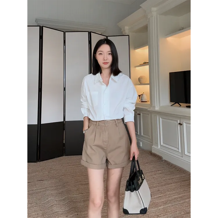 郭九九呢 100%棉简约百搭宽松显瘦衬衫卷边牛仔短裤 G925C13946