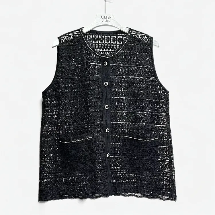 【xineba2】韩国女士领口亮丝装饰蕾丝单排扣马甲高端洋气时尚