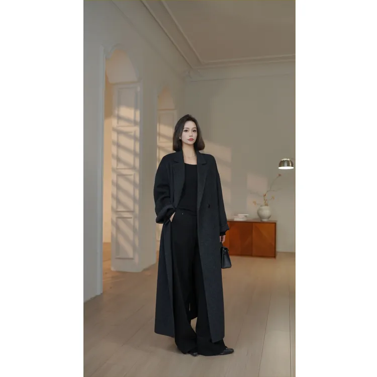 女神大衣双面羊毛牦牛绒保暖抗寒长款大衣黑色经典设计师冬季