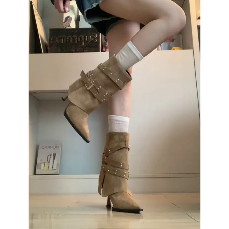 软皮版~法式高级感尖头细高跟裤管靴铆钉设计皮带扣女时尚时装靴