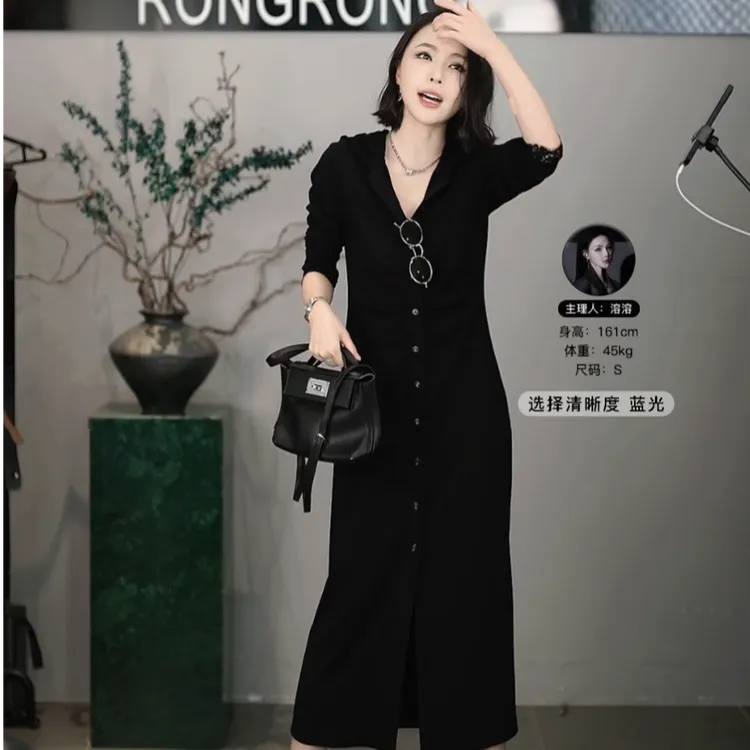 溶溶【自在优雅】RONGRONG 莫代尔拼接蕾丝褶皱晚宴连衣裙C-S210997