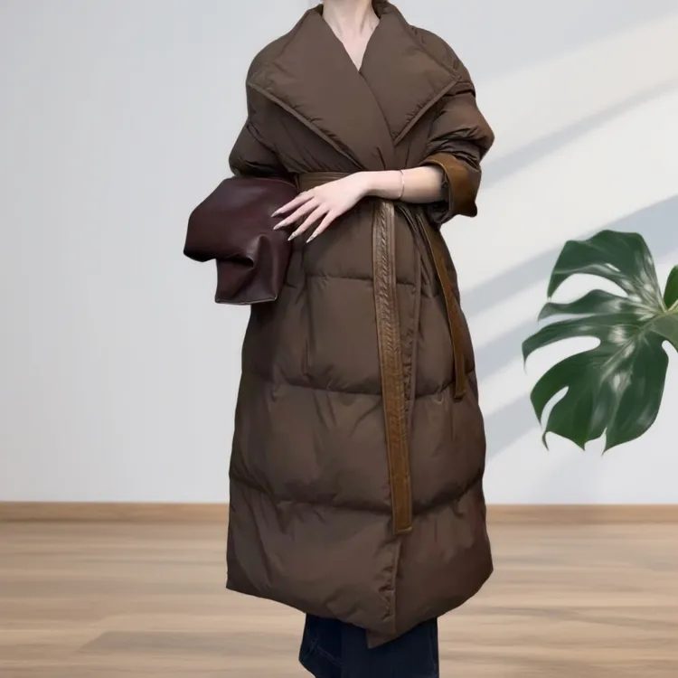 2025冬季新款法式高级感翻领韩版时尚腰带收腰中长款羽绒服外套女
