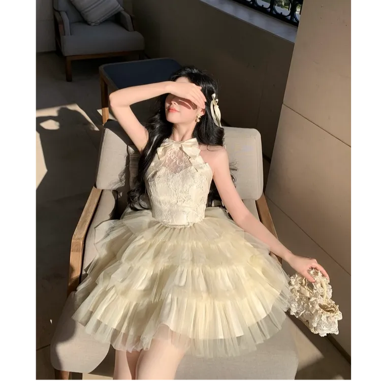 【小美】大码女装芭蕾风挂脖蝴蝶结绣花蕾丝蓬蓬公主连衣裙夏11534