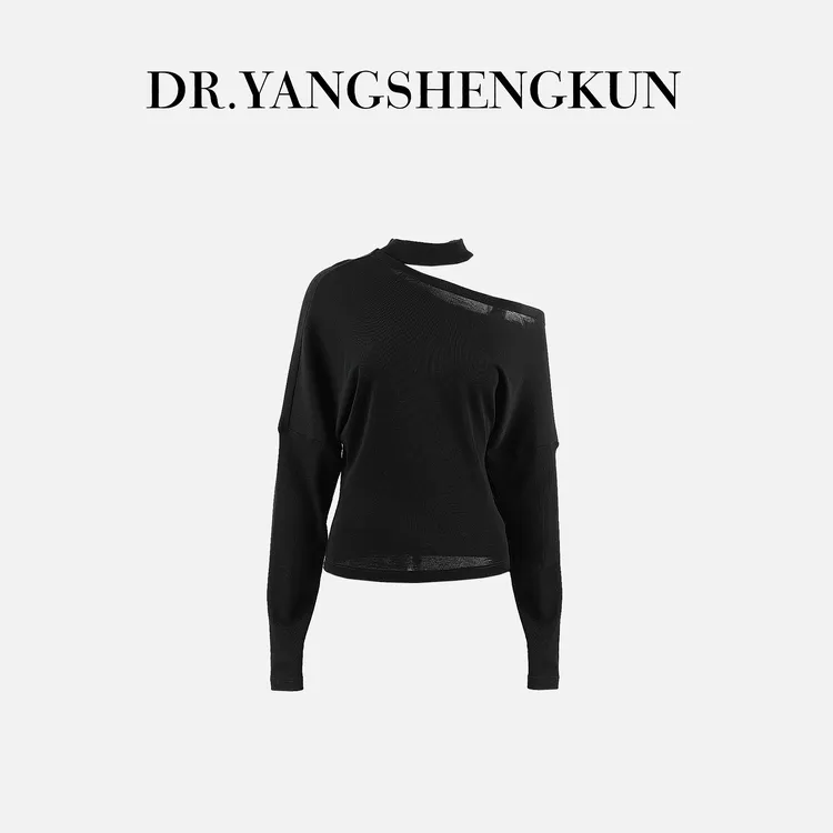 杨圣坤2025冬季新品100%绵羊毛斜领挂脖宽松长袖T恤S82510326