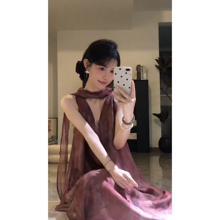 parkyeon夏季绝美V领无袖飘带连衣裙女高级感时尚仙女飘逸长裙